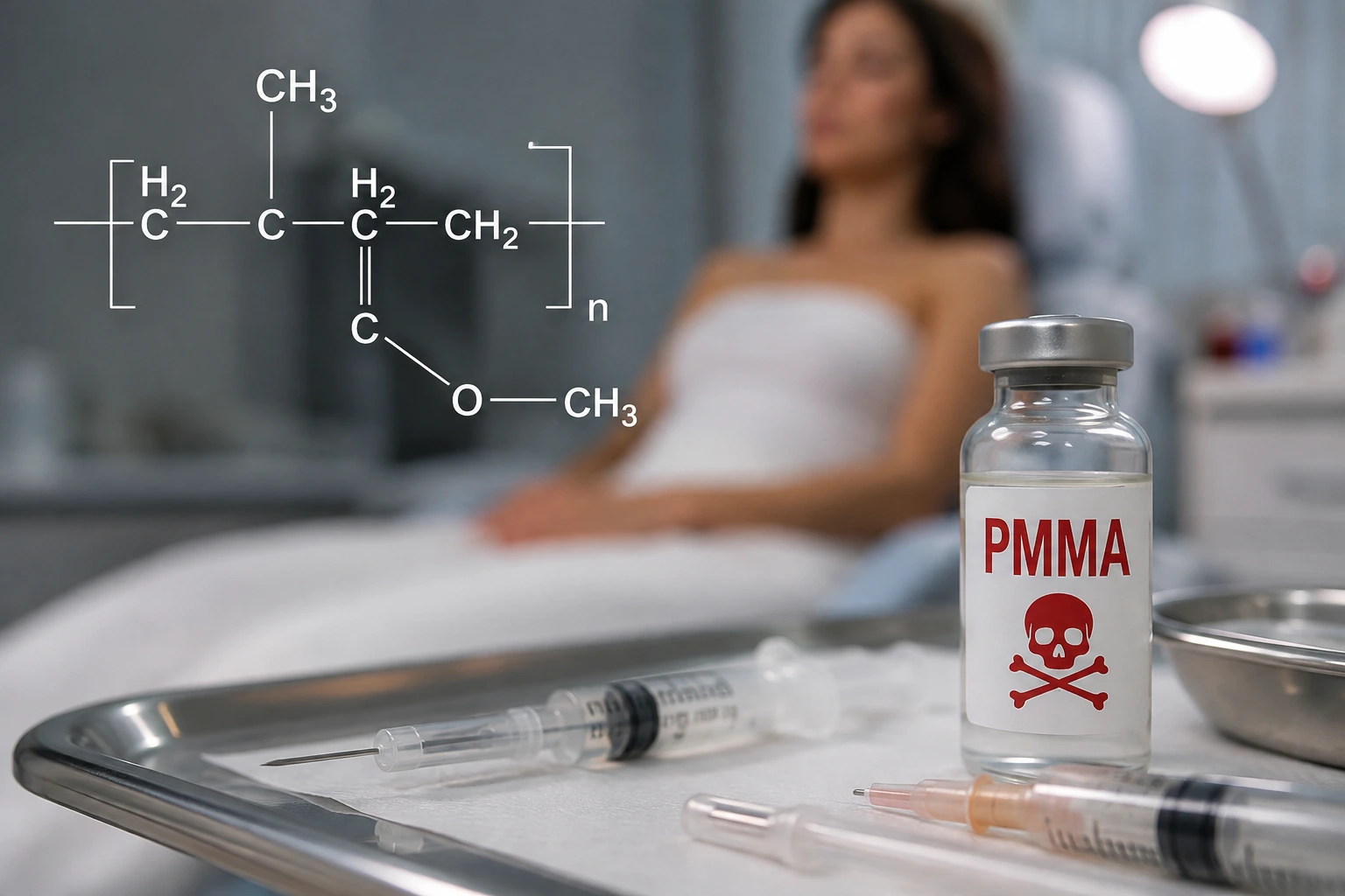 "PMMA (polimetilmetacrilato) é um polímero plástico usado em géis de preenchimento. Entidades médicas e conselhos no Brasil desaconselham seu uso para fins estéticos de grande volume devido aos altos riscos de rejeição, deformidades graves, necrose e infecções generalizadas, sendo permitido apenas em restritas reparações médica"