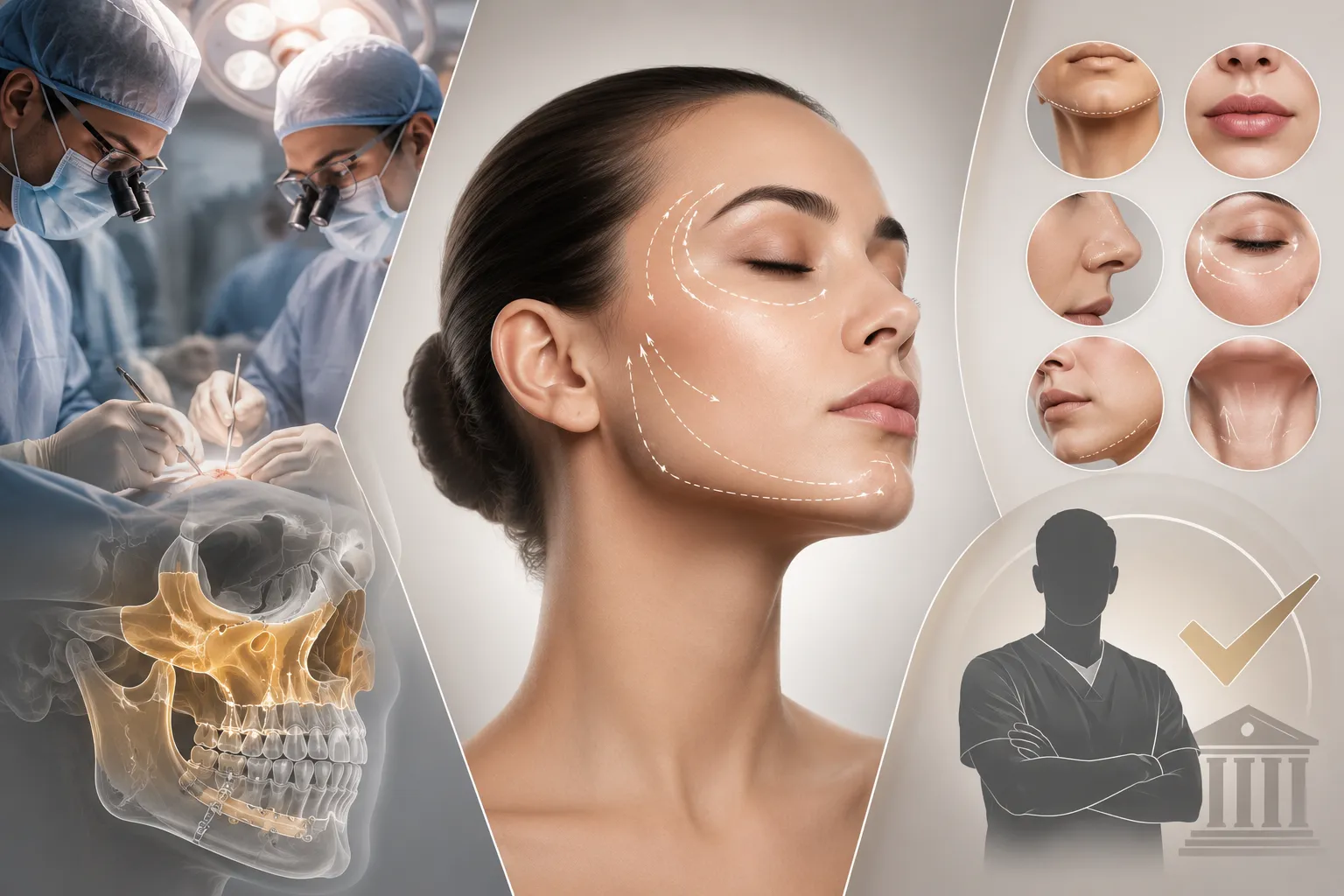 Cirurgiã estética orofacial durante planejamento de cirurgia facial em ambiente hospitalar.